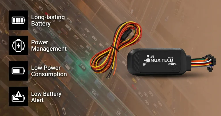 MuxTech hardwired GPS tracker with wiring harness beside long-lasting battery, power management and low battery alert icons