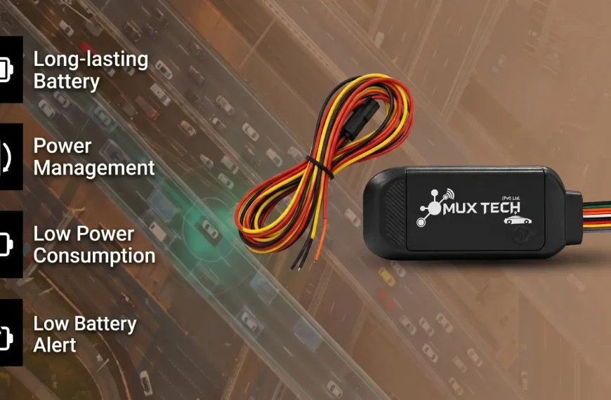 MuxTech hardwired GPS tracker with wiring harness beside long-lasting battery, power management and low battery alert icons