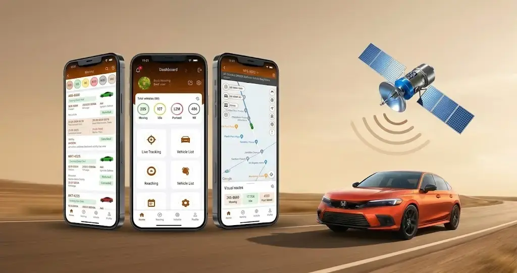 GPS tracking mobile app screens showing a live map, vehicle list and route history, beside a satellite and a car on a desert road