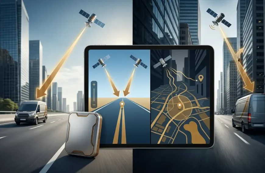 GPS satellites sending signals to vehicle trackers with a live location map on a tablet