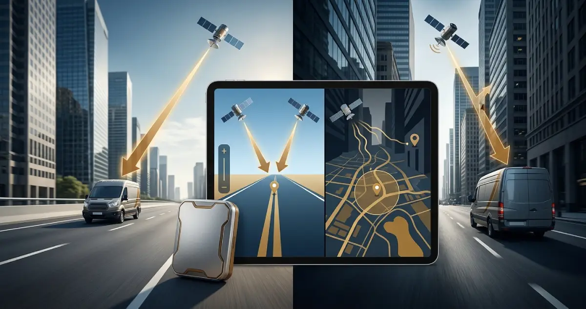GPS satellites sending signals to vehicle trackers with a live location map on a tablet