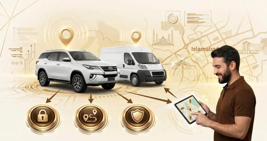 Real-time vehicle location tracking on a tablet with GPS map showing car and van